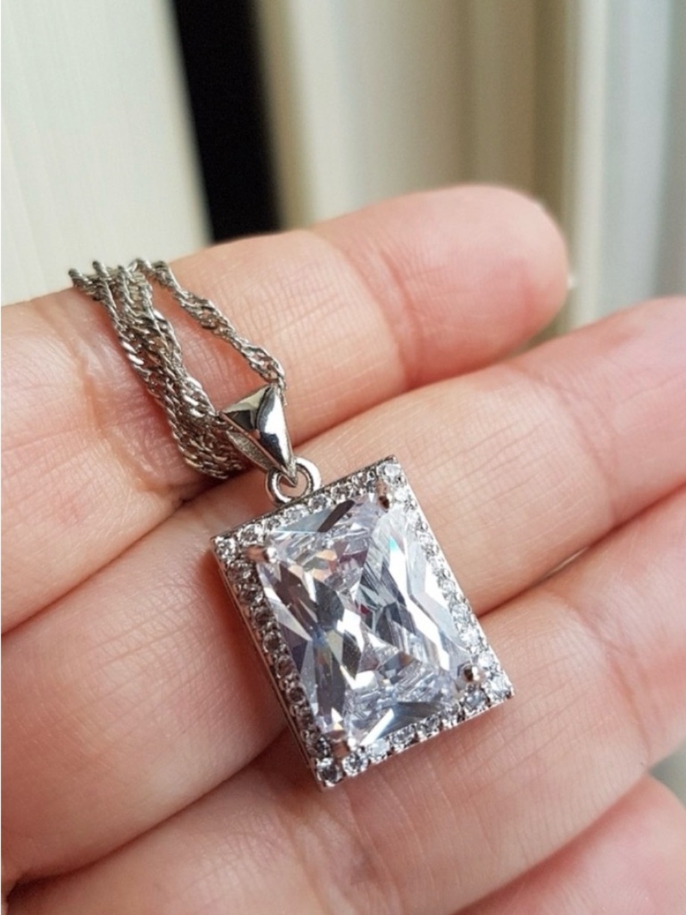 Swarovski Elements 925 Sterling Silver Clear Emerald-cut Halo Necklace NEW